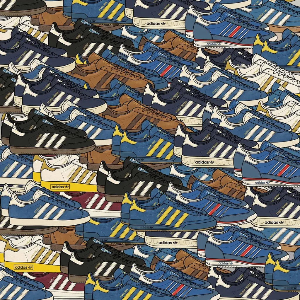 Ilustración patrón con zapatillas clásicas Adidas Originals de la cultura Terrace: se distinguen modelos Samba, Trimm Trab, Forest Hills, Gazelle y Jeans amontonados.