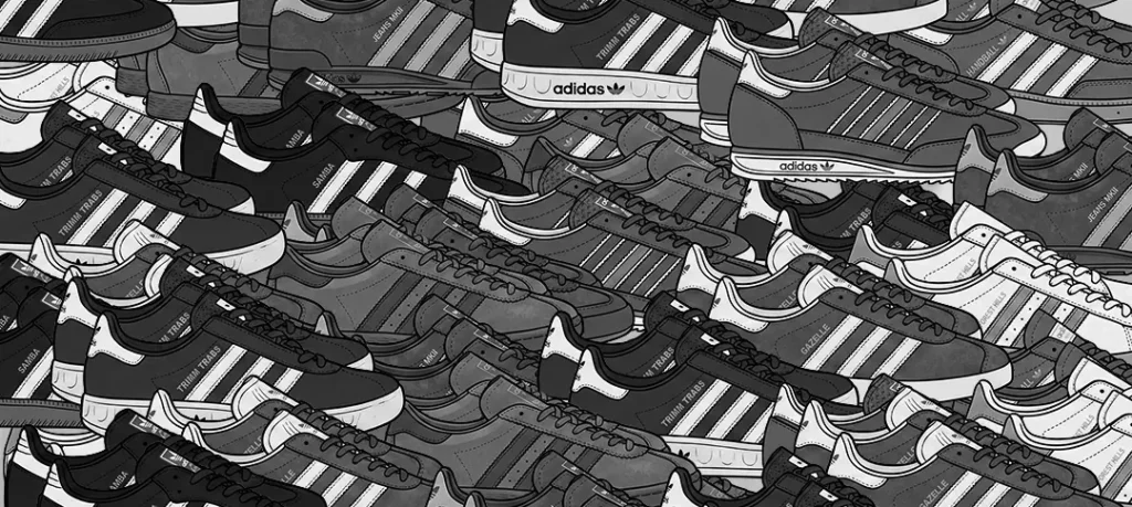 Ilustración patrón en blanco y negro con zapatillas clásicas Adidas Originals de la cultura Terrace: se distinguen modelos Samba, Trimm Trab, Forest Hills, Gazelle y Jeans.