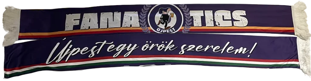 bufanda-ujpest Bufanda clásica de los Ultras Ujpest en color morado, con el texto "Fanatics", un logotipo casual y franjas con la bandera de Hungría.