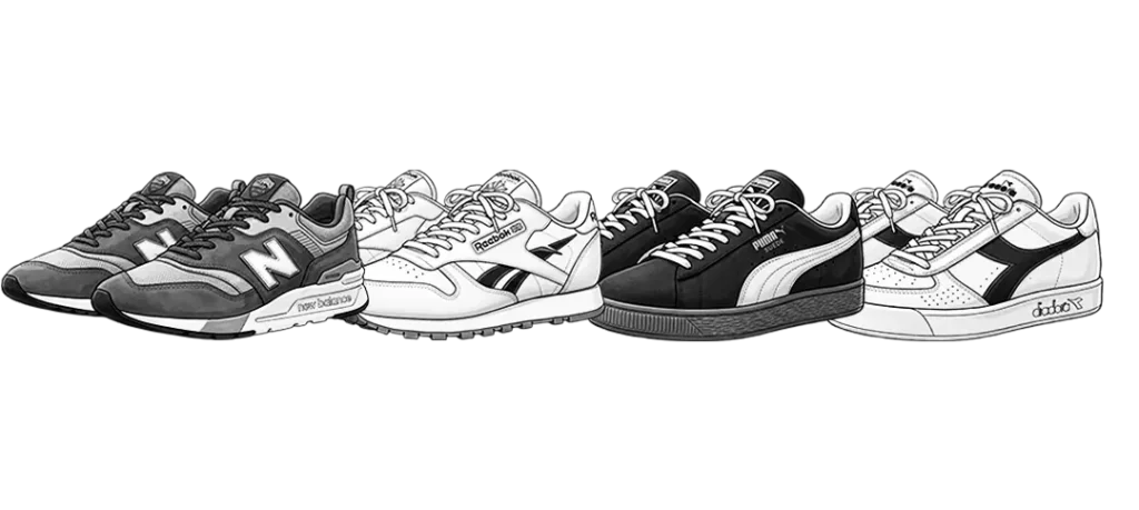Ilustración en blanco y negro de zapatillas clásicas de la cultura Casual alternativas a Adidas. Alineadas de izquierda a derecha: siluetas de New Balance, Reebok Classic, Puma Suede y Diadora B.Elite.