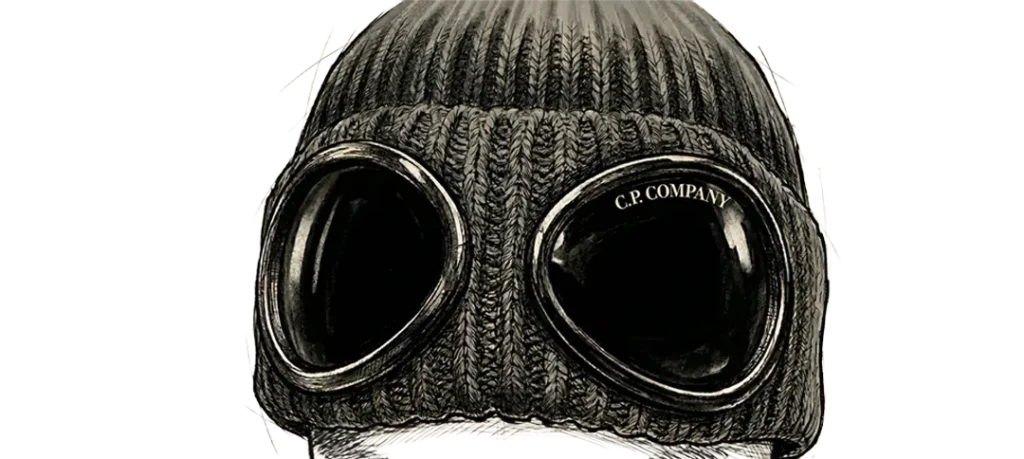 Gorro de lana C.P. Company con lentes integradas (Goggle Beanie) en color oscuro.