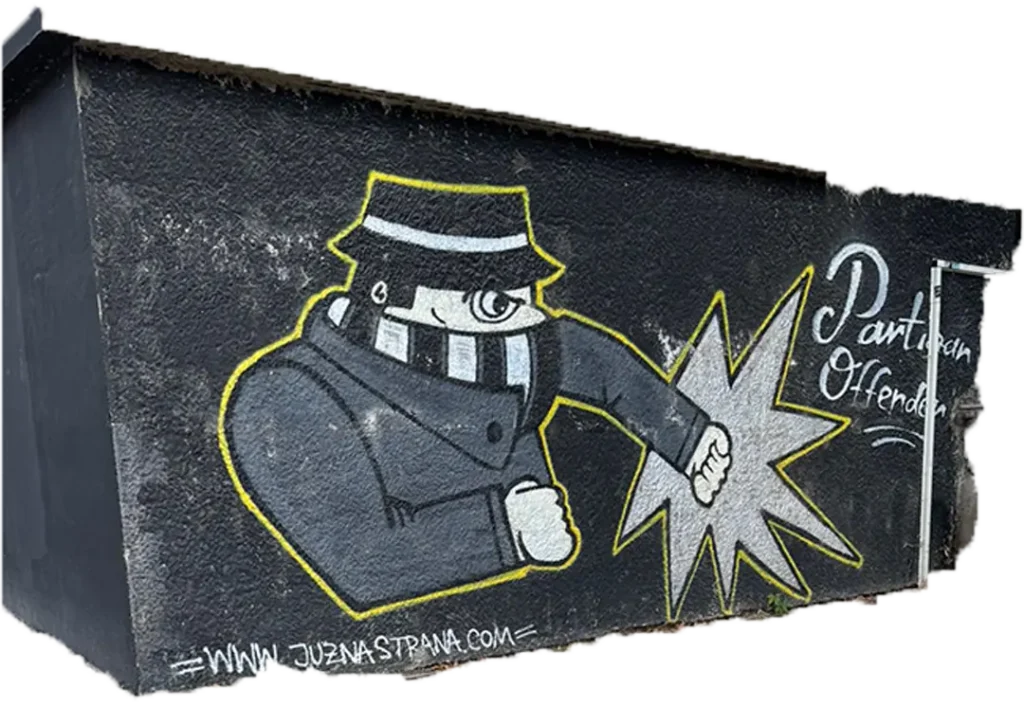 grobari-offenders Grafiti de los Grobari en Belgrado con el personaje "Partizan Offender" inspirado en la estética Casual