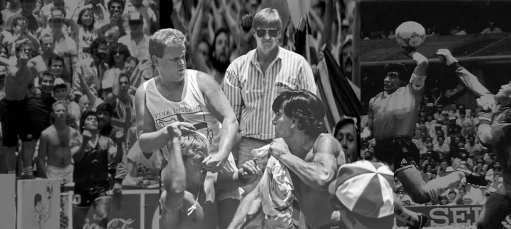 Enfrentamiento entre hooligans ingleses y barras bravas en el Azteca de México 86 junto al gol de la Mano de Dios de Maradona.