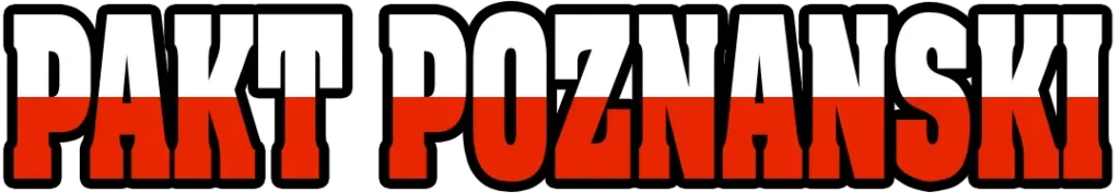 Logotipo con el texto Pakt Poznanski diseñado con los colores de la bandera de Polonia, blanco y rojo, con borde negro en tipografía de estilo ultra.