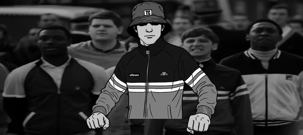 Ilustración en blanco y negro de un joven con gorro de pescador de Territorio Casual y chaqueta deportiva Ellesse, destacando sobre el fondo fotográfico desenfocado de una multitud de estilo casual.