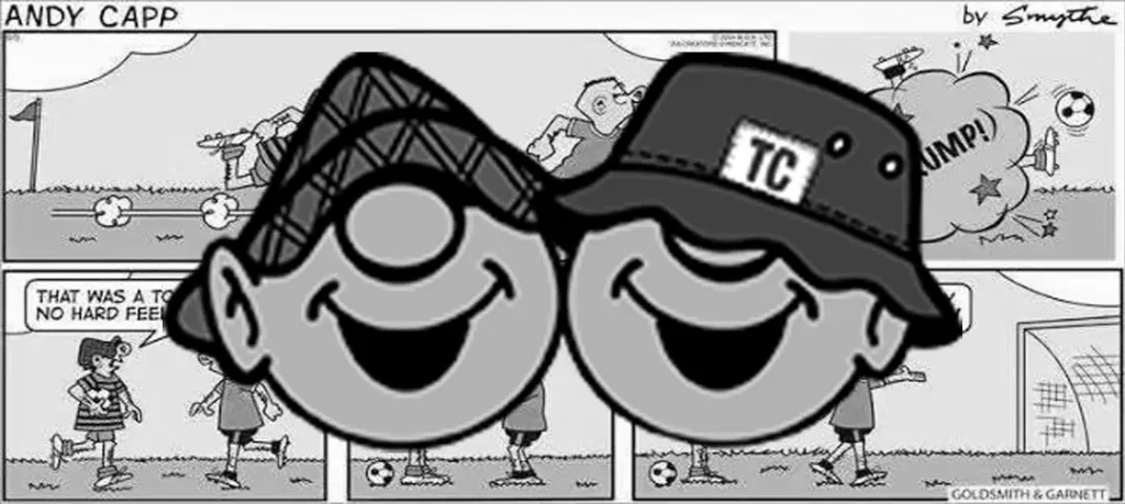 Tira cómica de Andy Capp de fondo con dos cabezas sonrientes superpuestas luciendo boina plana clásica y bucket hat de Territorio Casual.